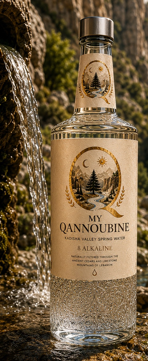 The My Qannoubine bottle standing in the spring beneath a limestone waterfall