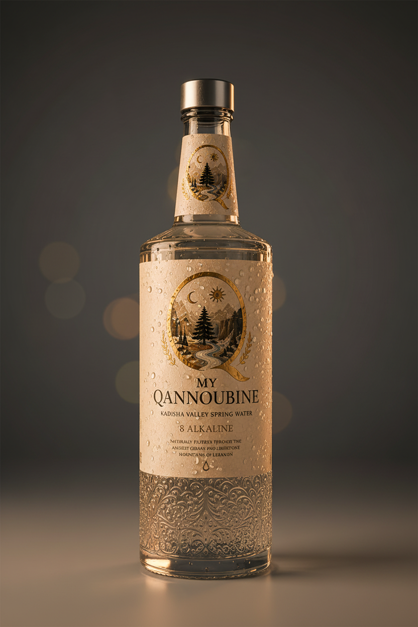 Cold spring water beading on the engraved glass of the My Qannoubine bottle